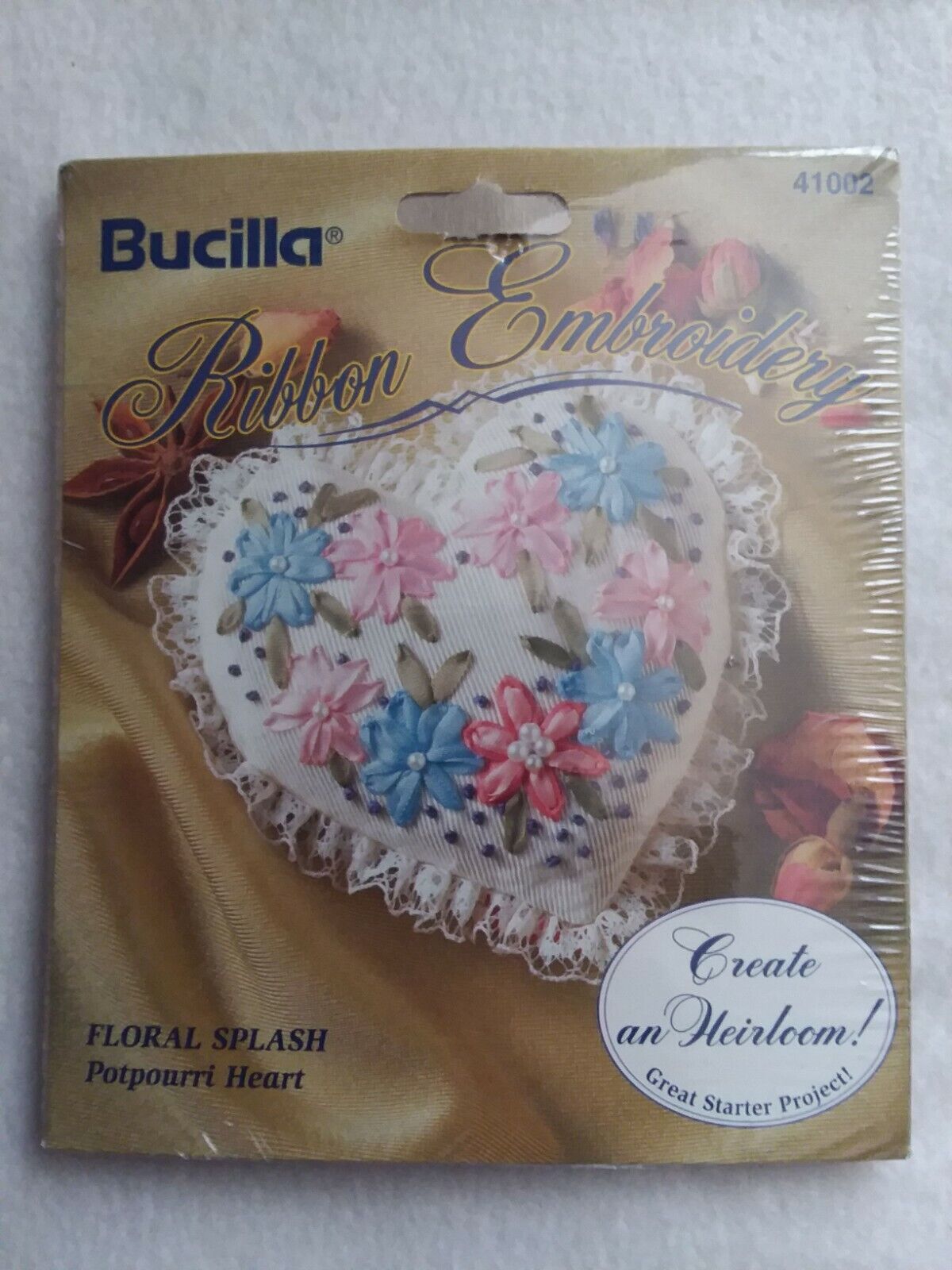New Bucilla Ribbon Embroidery Kit Floral Splash Potpourri Heart 3"x3" 41002 Nip
