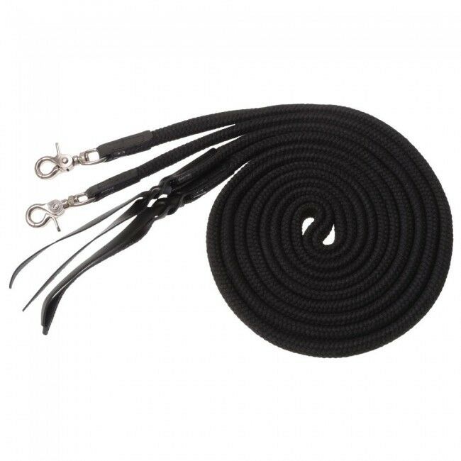Royal King Black Deluxe Flat Cotton Split Reins W/ Leather Poppers Horse Tack
